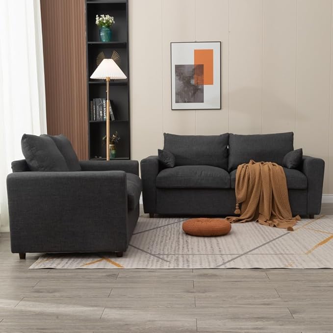 Panana Modern 2 and 3 Seats Loveseat Sofa Couch with Storage, Small Love Seat Couches for Living Room, Bedroom, Apartment, Office (Dark Gray Linen Fabric, 3 Seater)