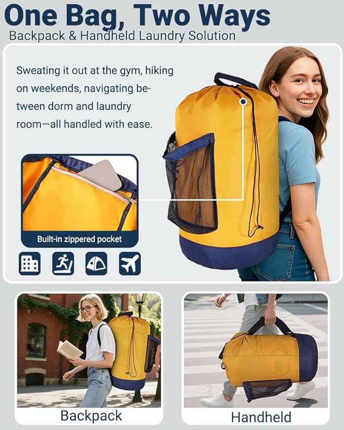 Laundry Bag with Shoulder Straps and Mesh Pocket Laundry Backpack Large Portable Laundry Hamper for College Laundromat Apartment