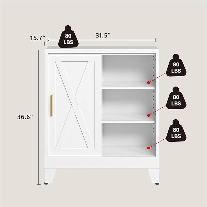 Metal Coffee Bar Cabinet with Storage, Farmhouse Coffee Bar Table with Sliding Barn Door and Adjustable Shelves, Small White Sideboard Cabinets for Kitchen, Entryway, Office