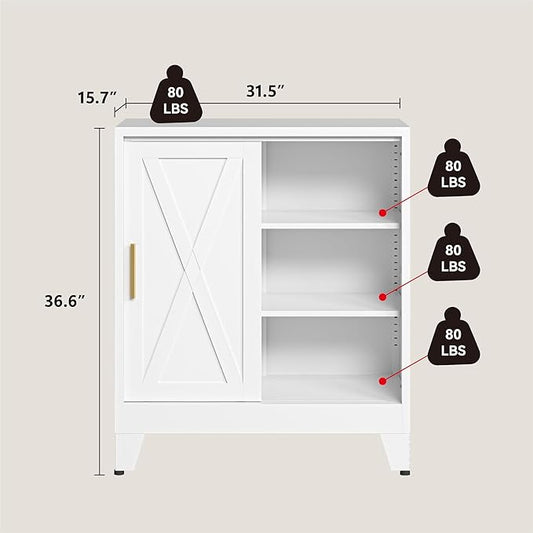 Metal Coffee Bar Cabinet with Storage, Farmhouse Coffee Bar Table with Sliding Barn Door and Adjustable Shelves, Small White Sideboard Cabinets for Kitchen, Entryway, Office