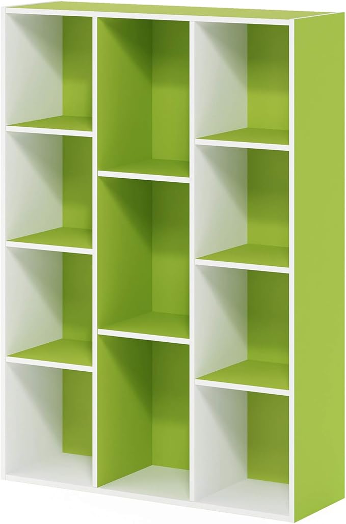 Furinno LUDER Book Shelf, 11-Cube Bookshelf, Reversible Bookcase, 9.4 x 29.1 x 41.7, for Living Room, Bedroom, Home Office, White/Green