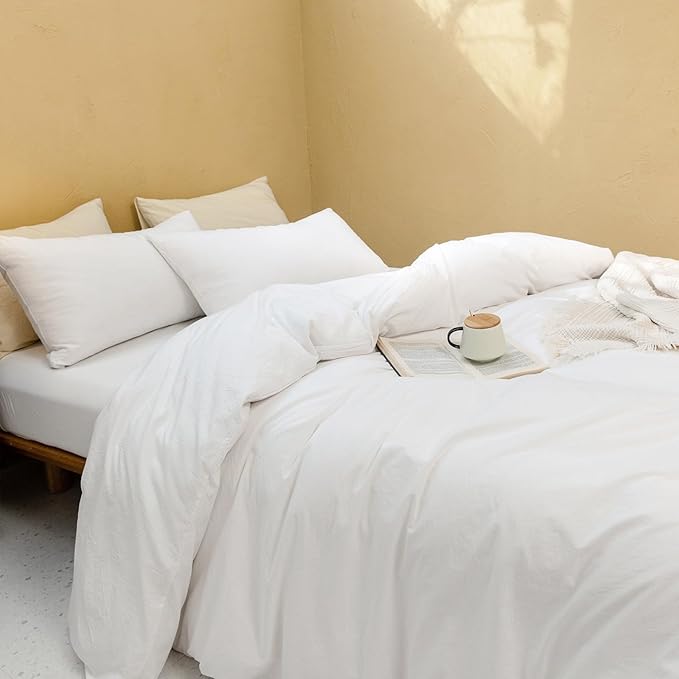 FOSSA Duvet Cover Set 100% Washed Cotton Linen Feel Super Soft Breathable Cozy 3 Pieces Bedding Sets Solid Off White Super Queen