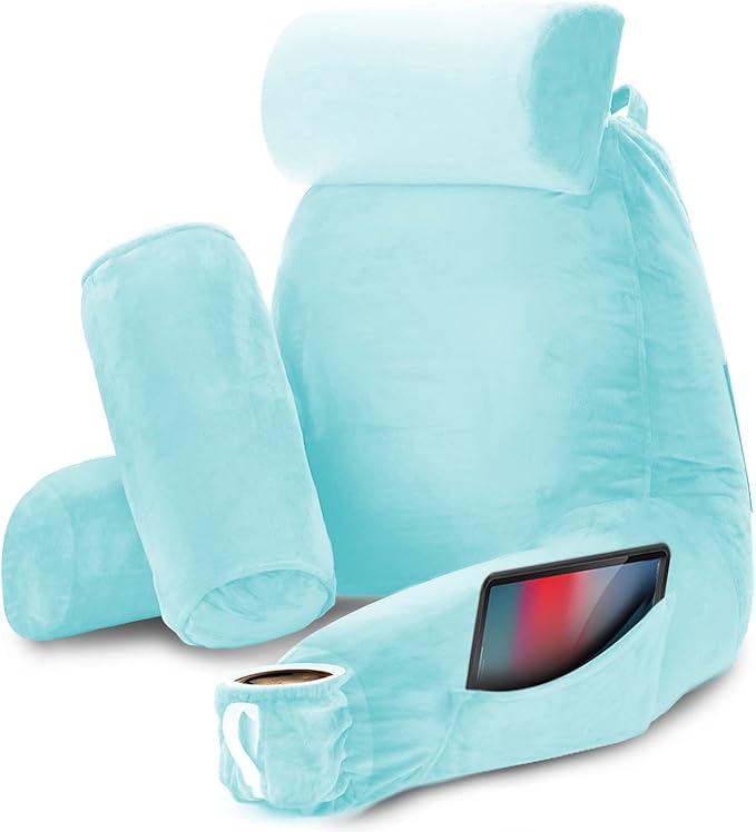 Nestl Reading Pillow with Shredded Memory Foam Includes 2 Neck and Lumber Support Pillows, Designed for Sitting Up in Bed and Couch, Back and Arms Adjustable Support for Adult & Teens, Light Blue