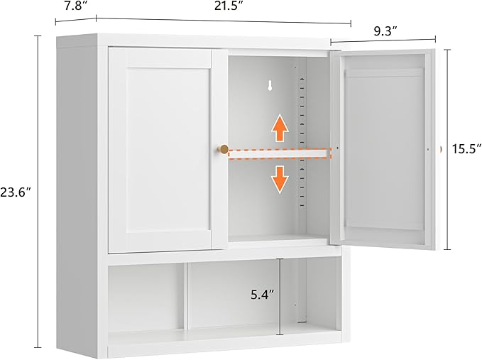 Metal Bathroom Wall Cabinet, Over The Toilet Storage Cabinets, White Wall Mounted Medicine Cabinets, Hanging Cabinet with 2 Doors & Adjustable Shelf for Kitchen, Laundry Room