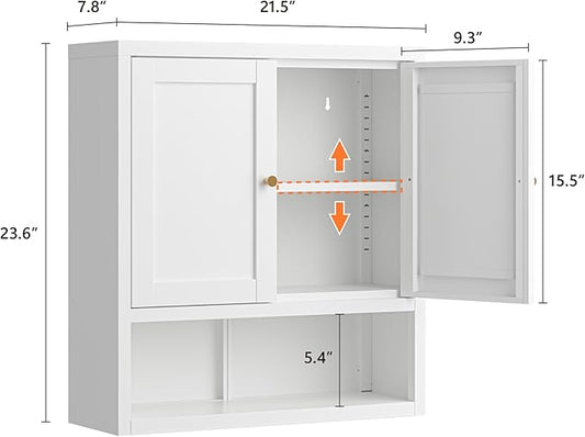Metal Bathroom Wall Cabinet, Over The Toilet Storage Cabinets, White Wall Mounted Medicine Cabinets, Hanging Cabinet with 2 Doors & Adjustable Shelf for Kitchen, Laundry Room