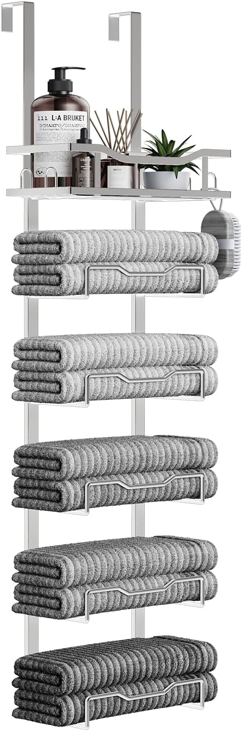 Hanging Towel Racks for Bathroom No Drill - Over The Door 6-Tier Bath Towel Storage Organizer for Small Bathrooms-Back Door Large Tiered Towel Holder Hanger for Rolled Towels RV Camper Silver