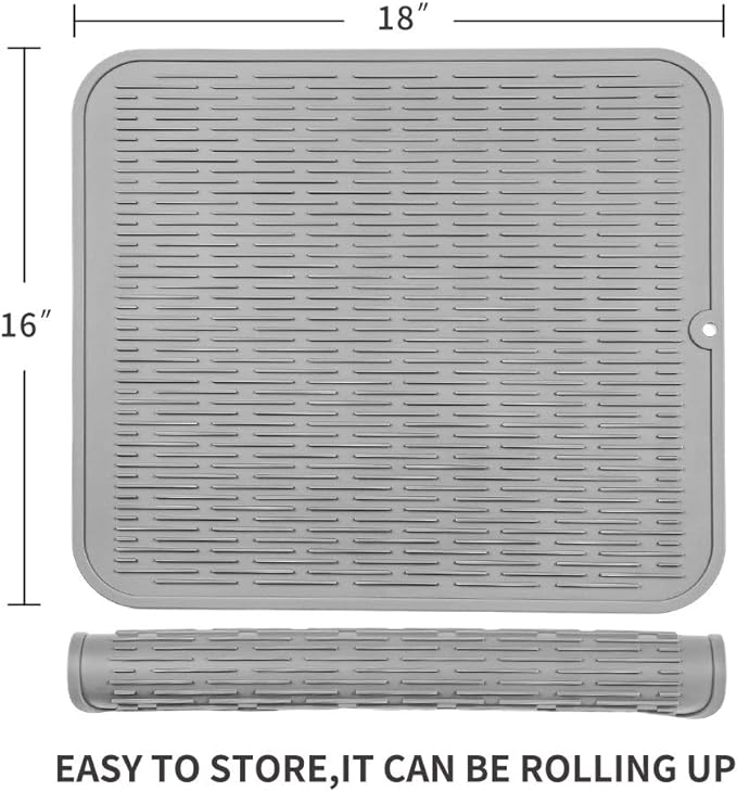 Silicone Dish Drying Mat for Multiple Usage,Easy clean,Eco-friendly,Heat-resistant Silicone Mat for Kitchen Counter or Sink,Refrigerator or Drawer Liner Grey XL 18 inches x 16 inches