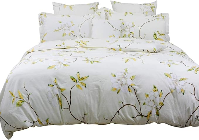 FADFAY White Floral Duvet Cover Set 100% Cotton Farmhouse Bedding with Hidden Zipper Closure 3 Pieces, 1duvet Cover & 2pillowcases,Queen Size