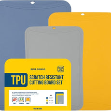 Blue Ginkgo TPU Cutting Mats [Set of 3] – Korean-Made Flexible, Knife-Friendly, Durable Kitchen Cutting Boards (Blue, Yellow, Gray)