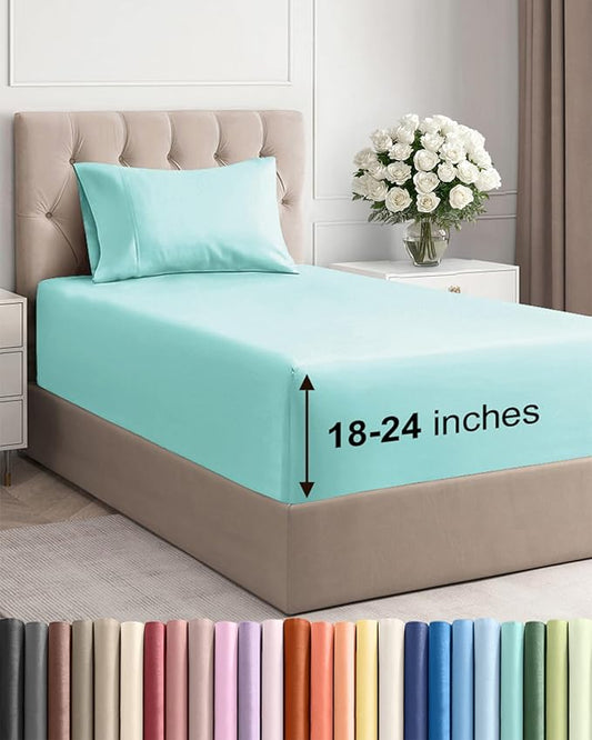 Extra Deep Pocket Twin Sheets - 3 Piece Breathable & Cooling Bed Sheets - Hotel Luxury Bed Sheet Set - Soft, Wrinkle Free & Comfy - Easily Fits Extra Deep Mattresses - Deep Pocket Spa Blue Sheets Set