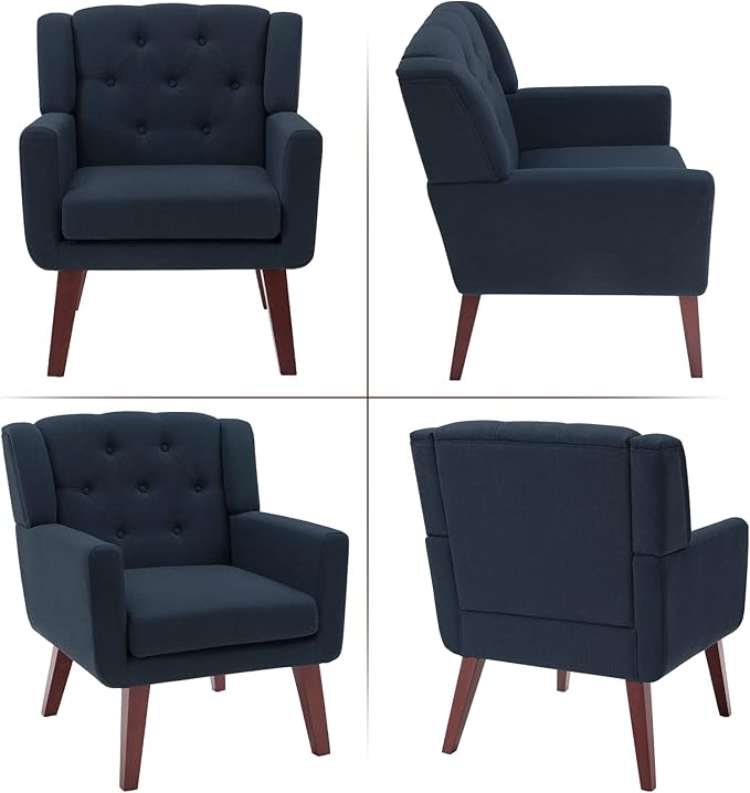 Accent Chair Button-Tufted Upholstered Living Room Chairs Comfy Reading Chair Mid Century Modern Chair with Linen Fabric Lounge Arm Chairs for Living Room Bedroom (Dark Blue)