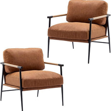 Mid-Century Accent Chair Set of 2, Soft Armchair PU Leather Lounge Chair with Black Metal Legs, Upholstered Leisure Chair for Living Room Bedroom Reception Room, Brown