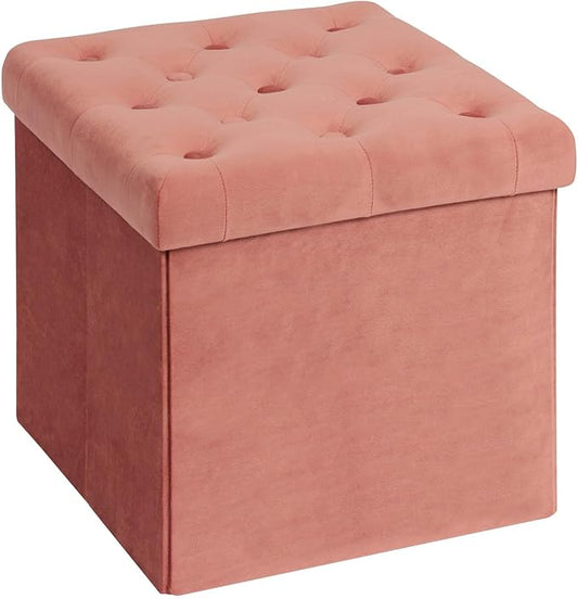 B FSOBEIIALEO Storage Ottoman Cube, Velvet Tufted Folding Ottomans with Lid, Footstool Rest Padded Seat for Bedroom (Warm Red, Medium)
