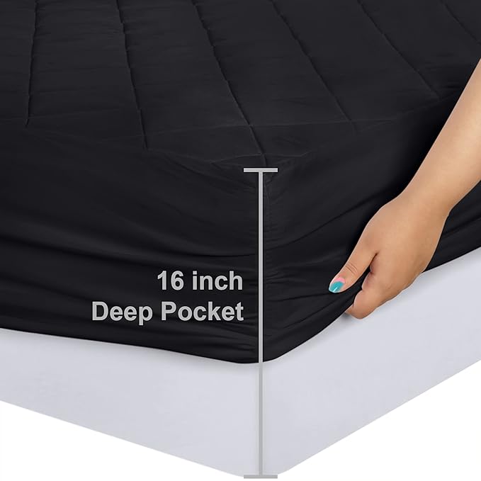 Utopia Bedding Quilted Fitted Mattress Pad, King Size, Elastic Fitted Mattress Topper Protector and Cover with Deep Pocket Stretches up to 16 Inches, Machine Washable (Black)