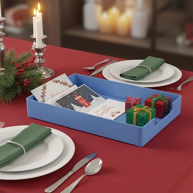 Letter-Size Tray, Desk Drawer Organizer, A4 Plastic Paper Tray for Office, School, Home Storage, and Storage Containers for Christmas Ornaments, Gift Wrap, and Crafts (Blue)