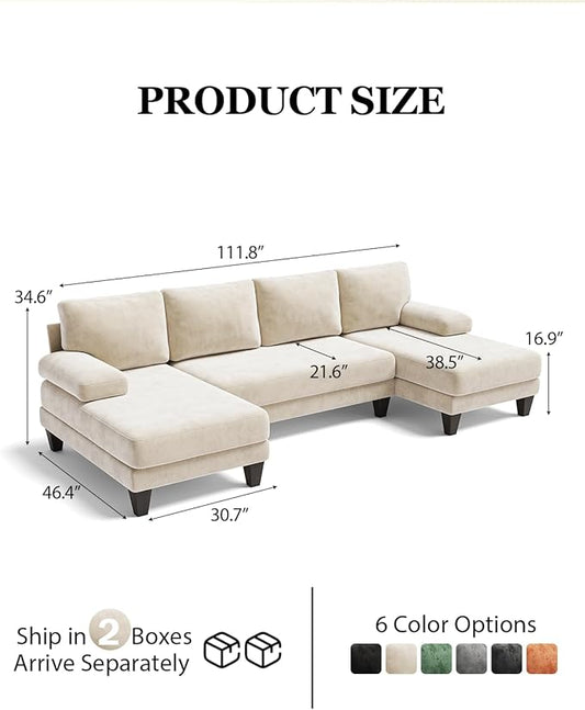U-Shaped Sectional Couches for Living Room | 112 Inch Modern Sectional Couch | Warm White Chenille Sofa with Double Chaise for Apartment