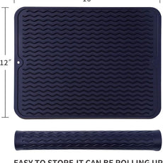 Silicone Dish Drying Mat for Multiple Usage,Easy clean,Eco-friendly,Heat-resistant Silicone Mat for Kitchen Counter or Sink,Refrigerator or drawer liner Navy Blue L 16 inches x 12 inches