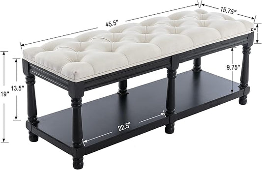 Chairus Storage Bench 45.5 "W Extra-Long Button Tufted Entryway Bench with Wood Shoes Rack End of Bed Bench with Fabric Linen Upholstered Rectangular Seat for Bedroom Hallway Living Room Window, Beige