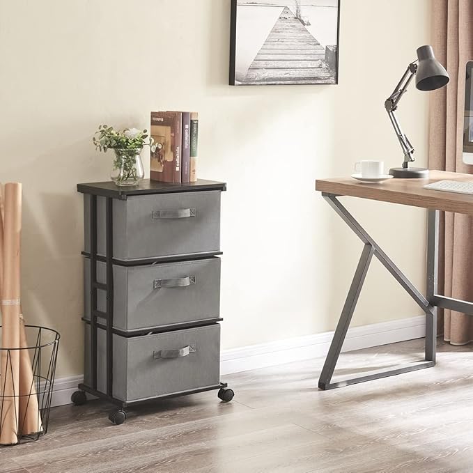 MAX Houser Dresser Tower with 3 Drawers for Bedroom, Fabric Storage Organizer Unit, Chest of Drawers with with WoodTop, Small Vertical Storage for Guest Room, Closet, Entryway, Nursery (Grey)