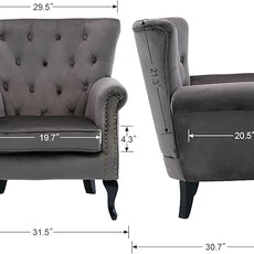 Mid Century Accent Chair Modern Button Tufted Armchair Wingback Club Chair Velvet Single Sofa Lounge Chair with Pillow for Living Room Bedroom, Grey
