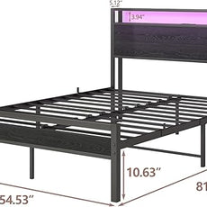 HOJINLINERO Full Size Bed Frame with Storage Headboard/LED Lights, Metal Bed Frame with Charging Station, No Box Spring Needed, Heavy Duty Metal Slats Support, Black