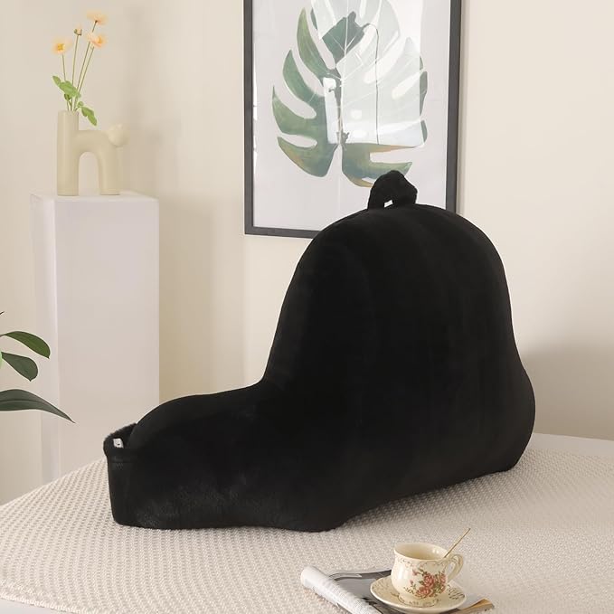 Reading Pillow for Sitting in Bed, Large Backrest Reading Pillow with Arm Rest,Back-Rest Support Cushion for Sit Up on Couch, Sofa, and Floor, Dorm Essentials (Black Faux Fur, Standard(17"))