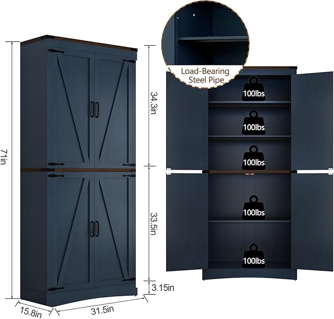 71" Tall Kitchen Pantry,Farmhouse Storage Cabinet with Adjustable Shelves,Load-Bearing Steel Pipe,Farmhouse Pantry Cabinet with 4 Barn Doors,for Kitchen,Dining Room,Living Room(Blue)