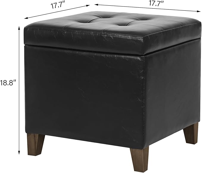 Leather Storage Ottoman with Hinged Lid, Square Foot Rest Stool Tufted Cube Footstool, Black