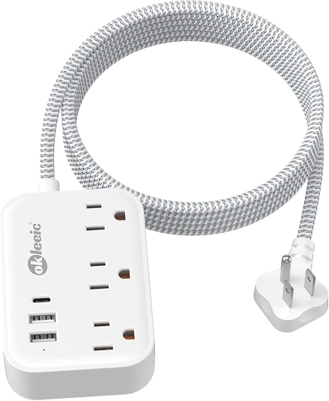 Flat Plug Power Strip with USB Ports, Flat Extension Cord 10 FT with 3 AC Outlets 3 USB Ports, Long Extension Cord Outlet Extender with No Surge Protector for Cruise Ship, Dorm Room Travel Essentials