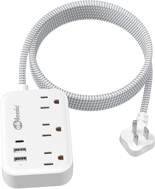 Flat Plug Power Strip with USB Ports, Flat Extension Cord 10 FT with 3 AC Outlets 3 USB Ports, Long Extension Cord Outlet Extender with No Surge Protector for Cruise Ship, Dorm Room Travel Essentials