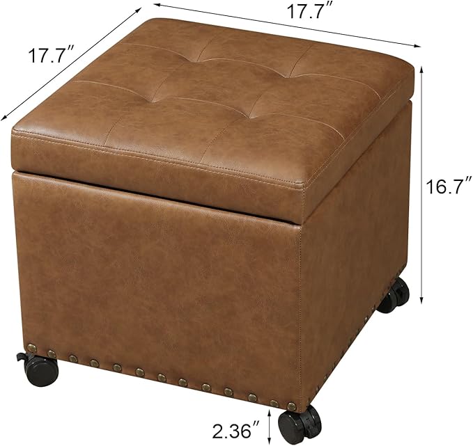 17.7" Square Faux Leather Storage Ottoman with Wheels, Rolling Storage Bench, Footstool with Wheels for Living Room, Hassocks and Ottomans, Vintage Golden Brown