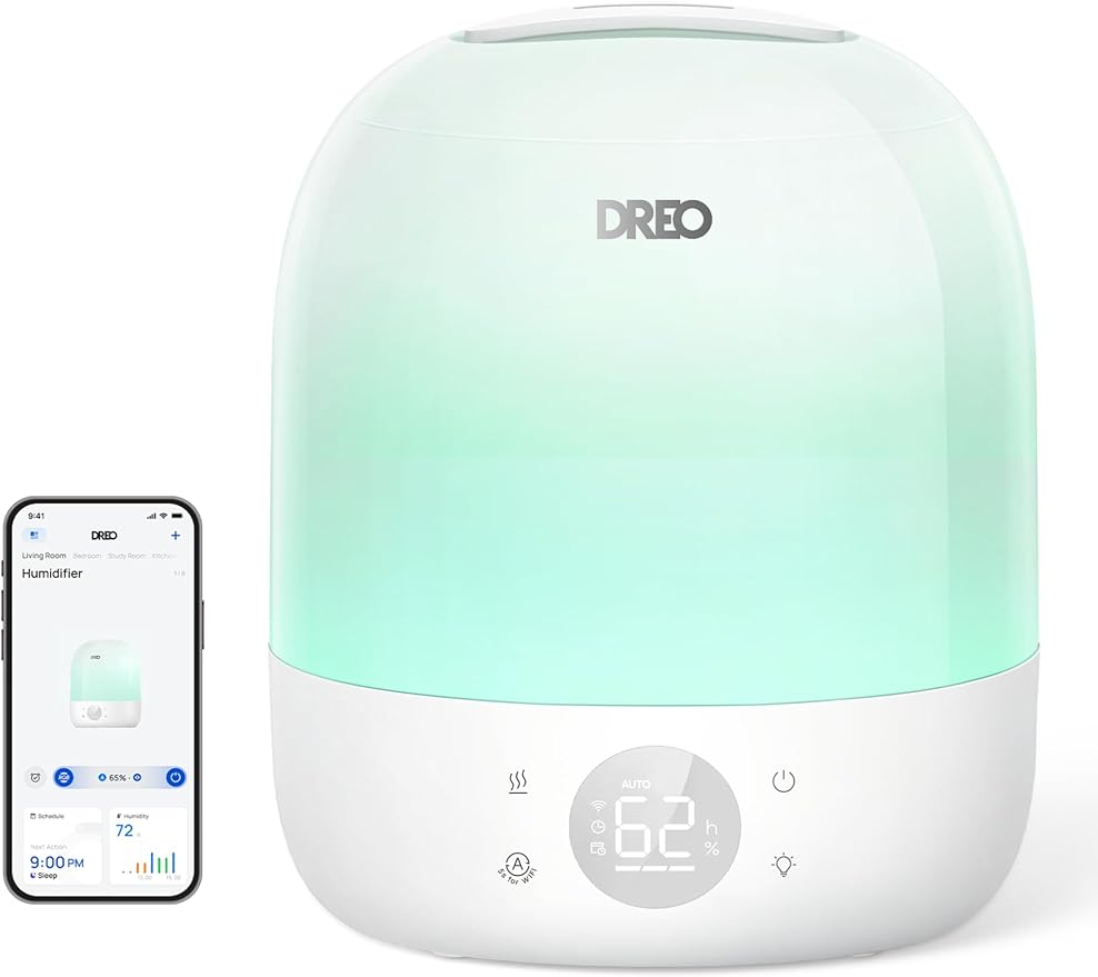 DREO Humidifier 409S, Humidifiers for Bedroom Baby, Ultra Quiet 28dB & 3L Top Fill Cool Mist Humidifier for Nursery, Smart Air humidifier for Plants, 1500+ RGB Night Light & Sleep Routine Trainer