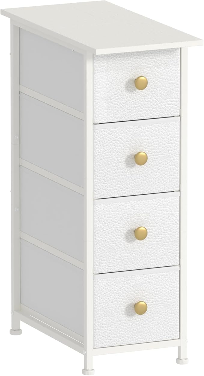 GiftGo Narrow Dresser Cabinet Vertical Slim Dresser Chest of Drawers Skinny Storage Tower for Small Spaces Gaps Closet Bedroom Bathroom Small Fabric Drawer Unit (White, 4 Drawers)