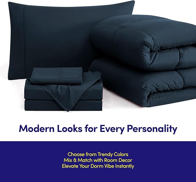 Dorm Room Essentials College Bedding Comforter Set 5 Piece Twin Size Bed in a Bag for College Students Boys and Girls, Twin, Navy Blue