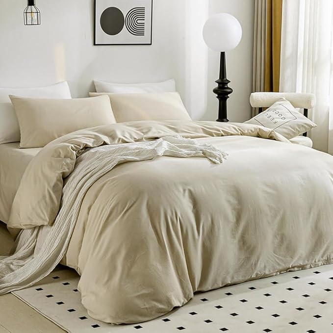 JELLYMONI Cotton Duvet Cover Queen Size - 100% Washed Cotton Linen Like Textured Comforter Cover, 3 Pieces Breathable Soft Bedding Set with Zipper Closure (Light Khaki, Queen 90"x90")