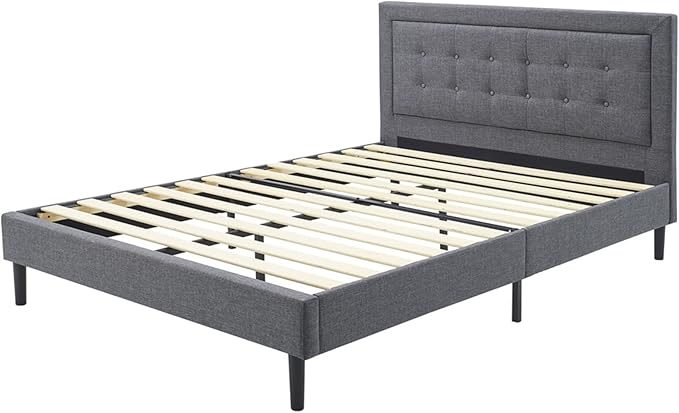 Decoro Mornington 2.0 Upholstered Platform Bed | Headboard and Metal Frame with Wood Slat Support, Grey, Queen Size