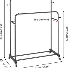 Laiensia Double Rods Garment Rack with Wheels, Clothing Rack for Hanging Clothes,4 Hooks, Multi-functional Bedroom Clothes Rack, Black