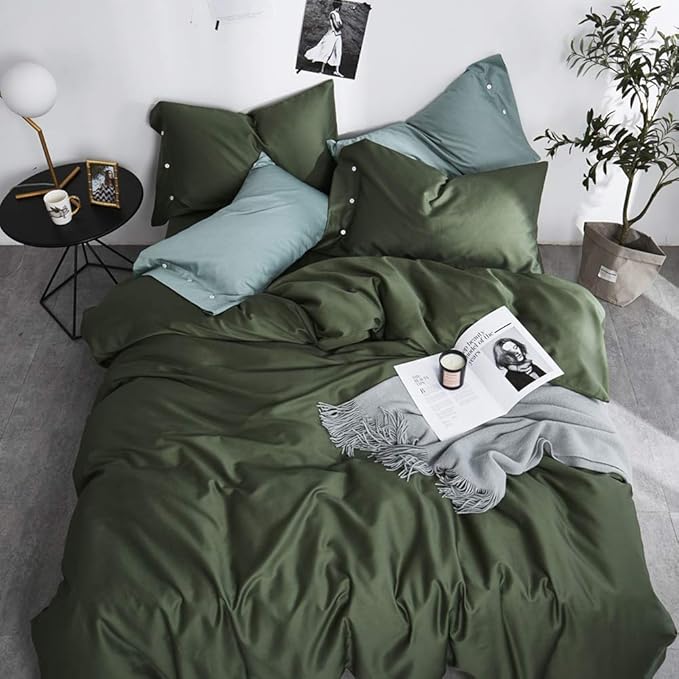 VM VOUGEMARKET Sateen Cotton Duvet Cover Queen,3pcs Dark Army Green Bedding Set for Hot Sleeper,Soft Siky Breathable Duvet Cover with Zipper Closure (Olive Green,Queen)