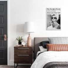 New York Trends Wall Art Black and White Newspaper Better Late Than Ugly Poster Canvas Prints Funky Feminist Posters Trendy College Wall Decor for Bar Cart Girl Dorm Room Bathroom Decorative 12x16inch Framed