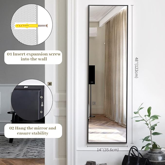 BEAUTYPEAK 14" x 48" Adjustable Height Over The Door Mirror, Rectangular Full Length Hanging Door Mirror with Shatterproof Tempered Glass Aluminum Alloy Frame for Dormitory, Black