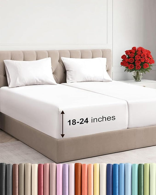 Extra Deep Pocket Split King Sheets - 5 Piece Breathable Cooling Bed Sheets - Hotel Luxury Sheet Set - Soft, Wrinkle Free & Comfy - Easily Fits Extra Deep Mattresses - Deep Pocket Antique White Sheets