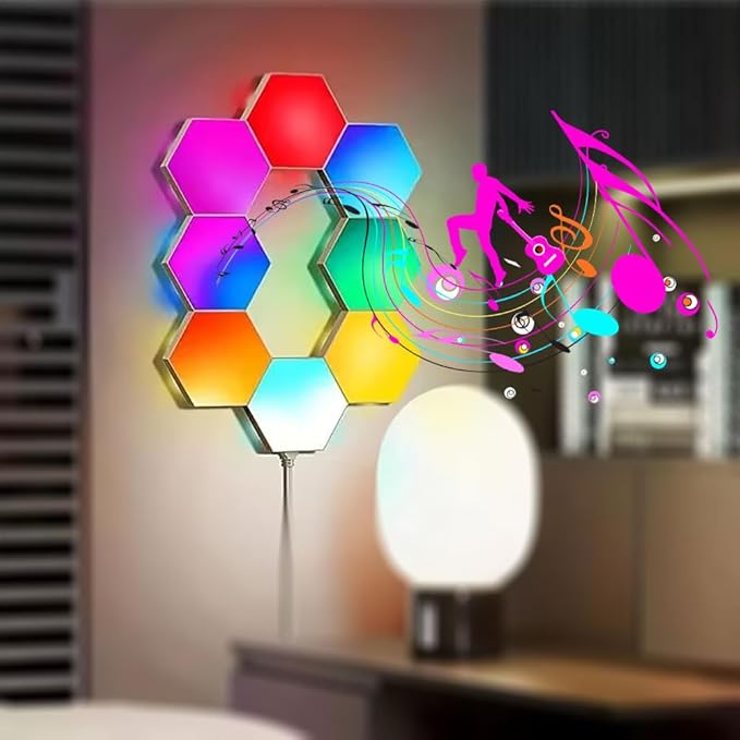 Hexagon Lights Wall Panels, Smart LED Wall Lights with APP, DIY Modular Assembled Music Sync RGB Gaming, Hex Light with USB-Power for Autism, Game Room Decor, Party (6-Pack)