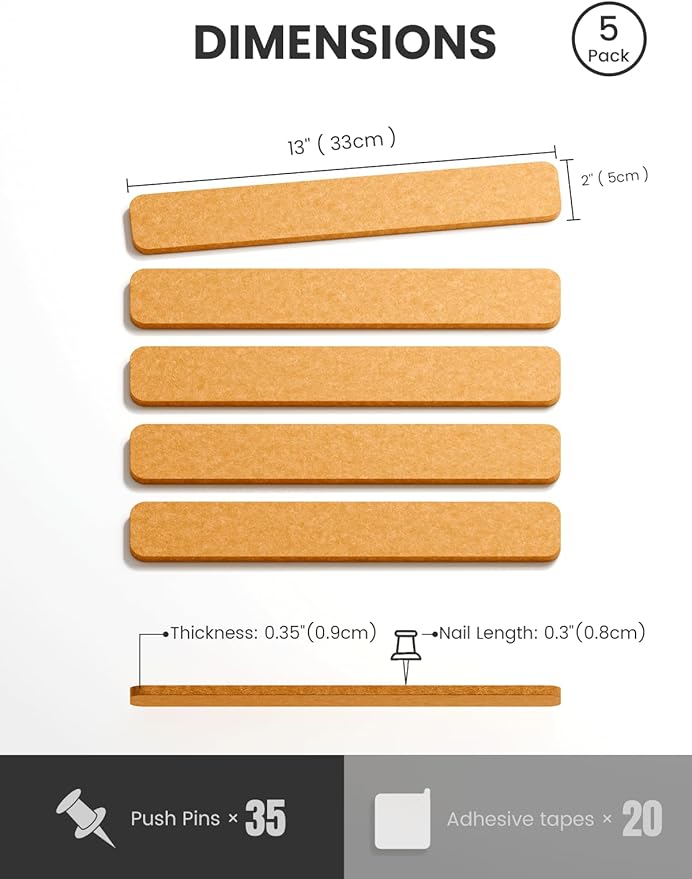 Cork Board Alternative Felt Strip Board 5-Pack 13"x2", Office Pin Board with 35 Push Pins, Adhesive Install for Bedroom Door & Home Office(Sunset Yellow)
