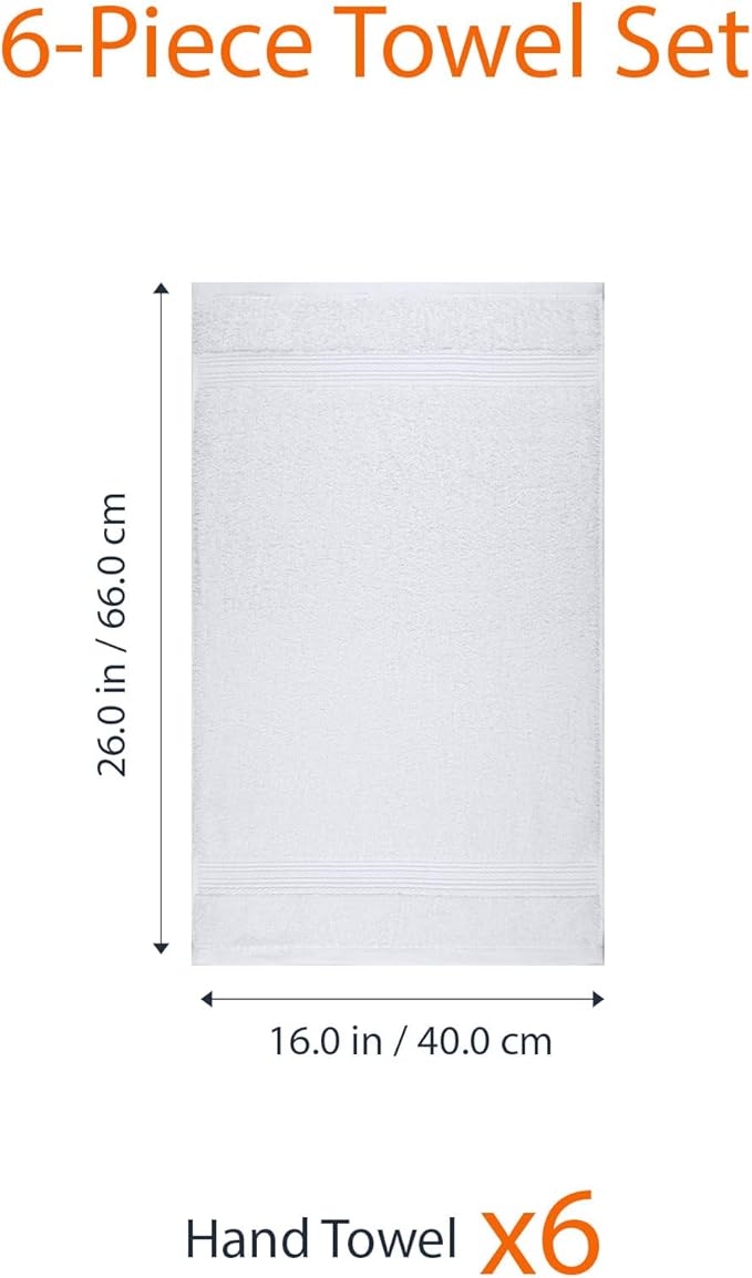 Amazon Basics 6 Piece hand towels for bathroom, Fade Resistant 100% Cotton Hand Towels, soft absorbent bathroom hand towels 6 - Pack (26''x16''), White