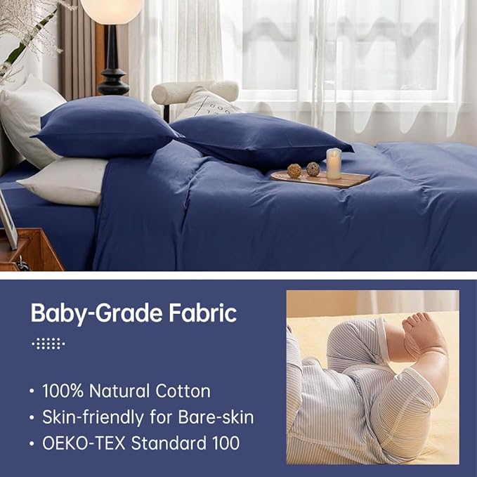JELLYMONI Cotton Navy Blue Duvet Cover Twin Size - Washed Cotton Linen Like Textured Comforter Cover, 2 Pieces Breathable Soft Bedding Set with Zipper Closure (Navy Blue, Twin 68"x90")