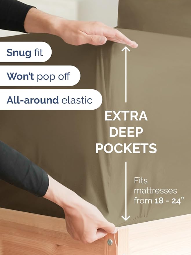 Extra Deep Pocket Twin XL Sheets - 3 Piece Breathable & Cooling Bed Sheets - Hotel Luxury Bed Sheet Set - Soft, Wrinkle Free & Comfy - Easily Fits Extra Deep Mattresses - Deep Pocket Khaki Sheets Set