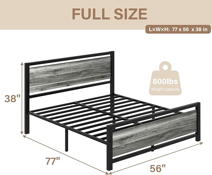Full Size Bed Frame with Headboard, Industrial Style Full Bed Frame, Bed Frame Full Size with Wooden Footboard, No Box Spring Needed, Noise-Free, Easy Assembly, Wash Grey