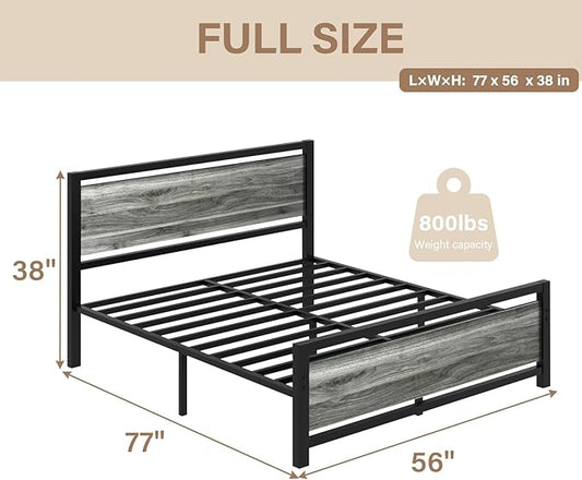 Full Size Bed Frame with Headboard, Industrial Style Full Bed Frame, Bed Frame Full Size with Wooden Footboard, No Box Spring Needed, Noise-Free, Easy Assembly, Wash Grey