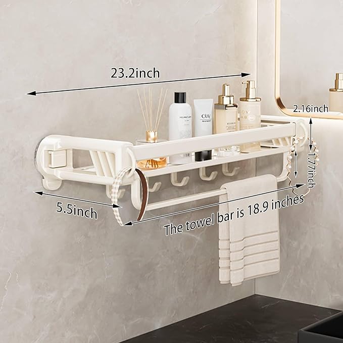 20" Shower Caddy Suction Cup, Concealed Shower Shelves Suction Cup with Hooks & Towel Bar, NO-Drilling Suction Shelf for Bathroom & Kitchen - White
