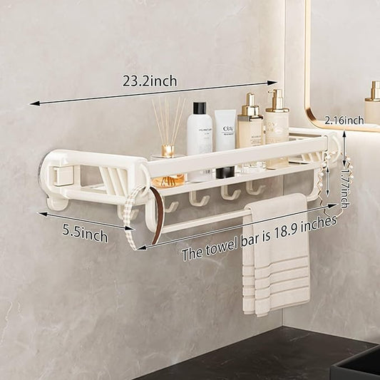 20" Shower Caddy Suction Cup, Concealed Shower Shelves Suction Cup with Hooks & Towel Bar, NO-Drilling Suction Shelf for Bathroom & Kitchen - White